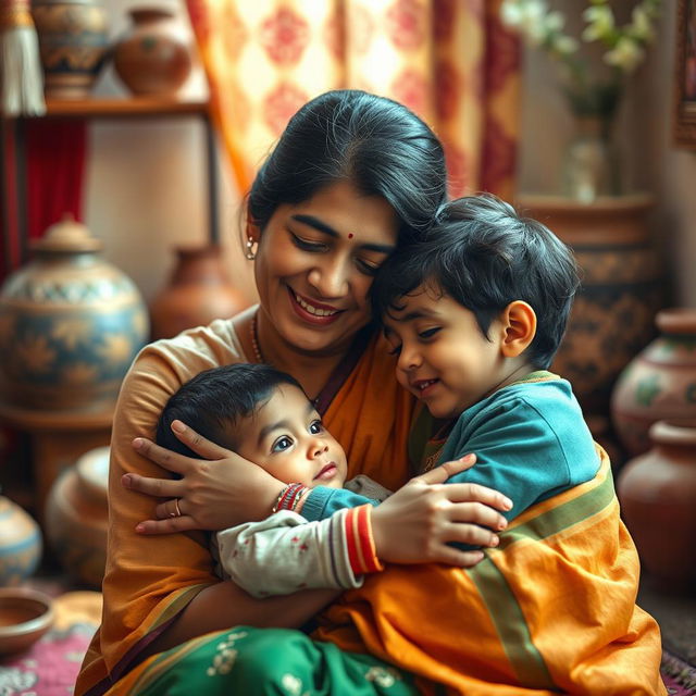 A scene depicting a nurturing moment between an Indian mother and her young son, focusing on a loving and affectionate atmosphere