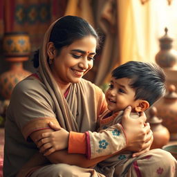 A scene depicting a nurturing moment between an Indian mother and her young son, focusing on a loving and affectionate atmosphere