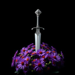 A striking cover design featuring a single, authentic ritual dagger delicately positioned atop a vibrant mound of purple aster flowers