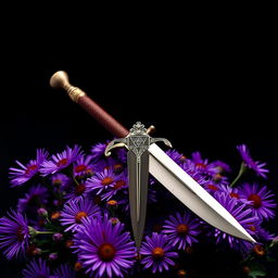 A striking cover design featuring a single, authentic ritual dagger delicately positioned atop a vibrant mound of purple aster flowers