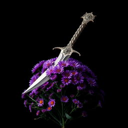 A striking cover design featuring a single, authentic ritual dagger delicately positioned atop a vibrant mound of purple aster flowers