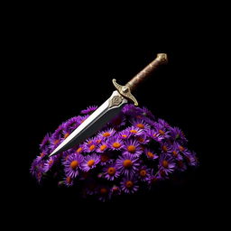 A striking cover design featuring a single, authentic ritual dagger delicately positioned atop a vibrant mound of purple aster flowers