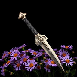 A captivating cover design featuring a single, authentic ritual dagger gracefully positioned atop a bed of delicate purple aster flowers
