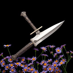 A captivating cover design featuring a single, authentic ritual dagger gracefully positioned atop a bed of delicate purple aster flowers
