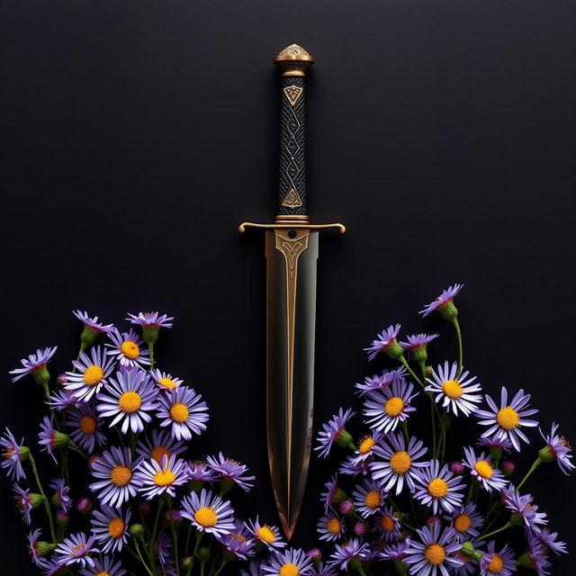 A captivating cover design featuring a single, authentic ritual dagger gracefully positioned atop a bed of delicate purple aster flowers