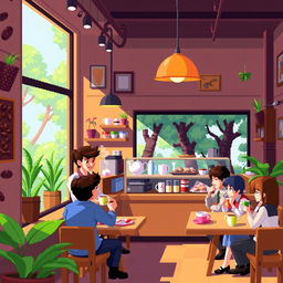 A vibrant pixel art scene showcasing a cozy coffee shop