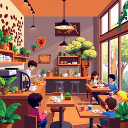 A vibrant pixel art scene showcasing a cozy coffee shop