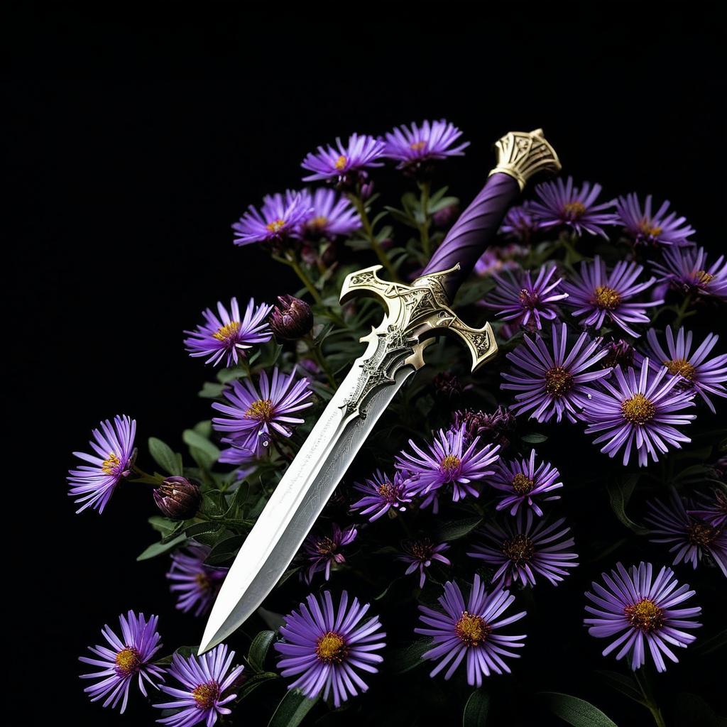 A cover with dark background of a single real ritual dagger laying on top of purple aster flowers