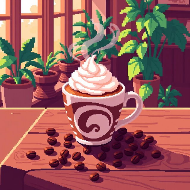 A vibrant pixel art scene featuring a steaming cup of coffee on a wooden table