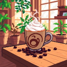 A vibrant pixel art scene featuring a steaming cup of coffee on a wooden table