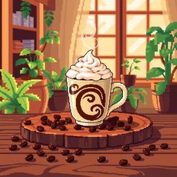 A vibrant pixel art scene featuring a steaming cup of coffee on a wooden table