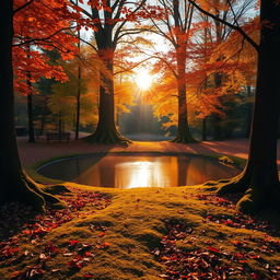 An enchanting forest scene during golden hour, with vibrant autumn leaves in hues of orange, red, and yellow