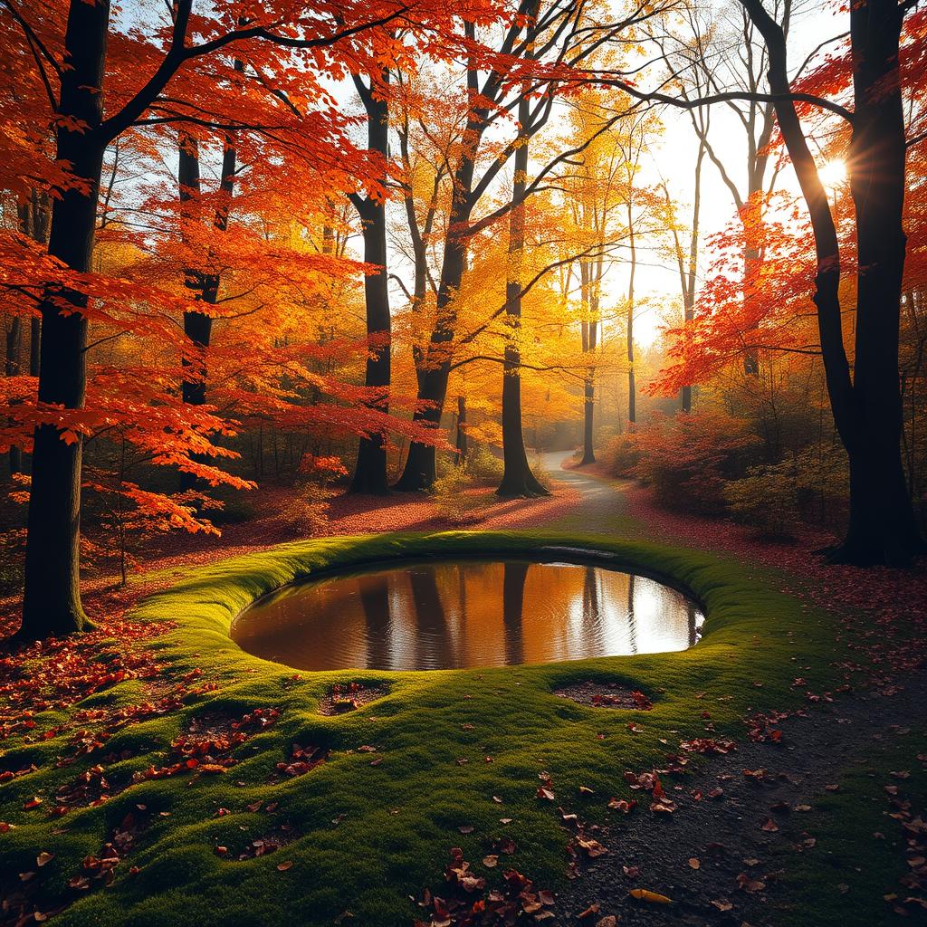 An enchanting forest scene during golden hour, with vibrant autumn leaves in hues of orange, red, and yellow