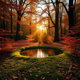An enchanting forest scene during golden hour, with vibrant autumn leaves in hues of orange, red, and yellow