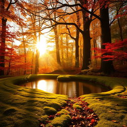 An enchanting forest scene during golden hour, with vibrant autumn leaves in hues of orange, red, and yellow