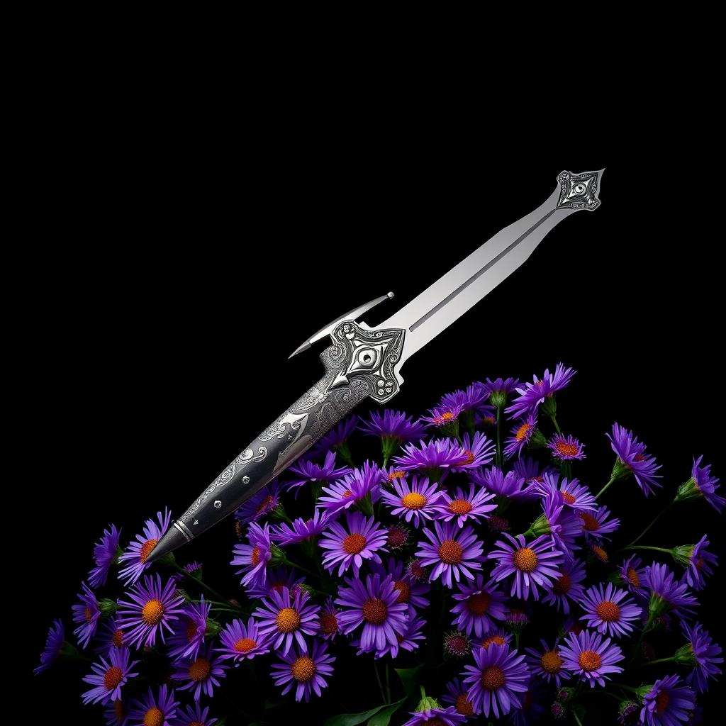 A striking cover design featuring a single, authentic ritual dagger elegantly laid atop a bed of vibrant purple aster flowers