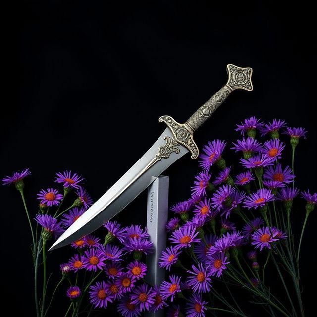A striking cover design featuring a single, authentic ritual dagger elegantly laid atop a bed of vibrant purple aster flowers