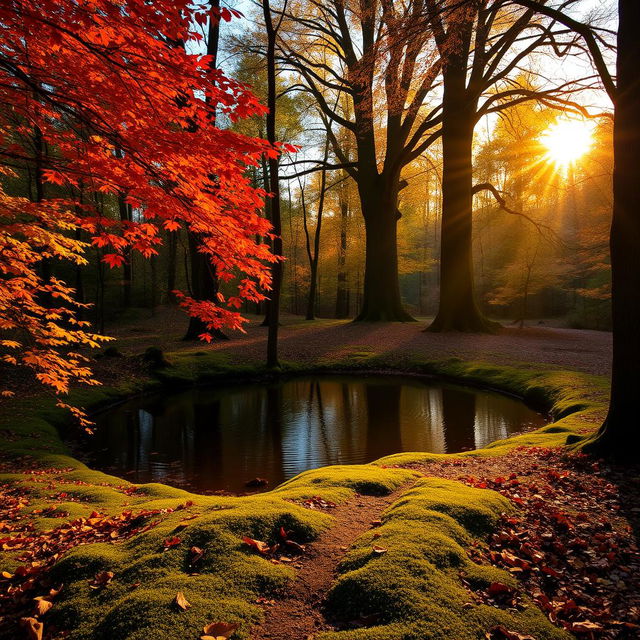 An enchanting forest scene during golden hour, with vibrant autumn leaves in hues of orange, red, and yellow