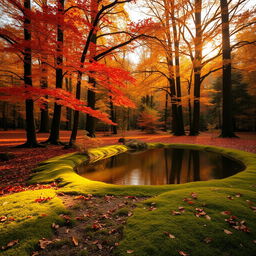 An enchanting forest scene during golden hour, with vibrant autumn leaves in hues of orange, red, and yellow