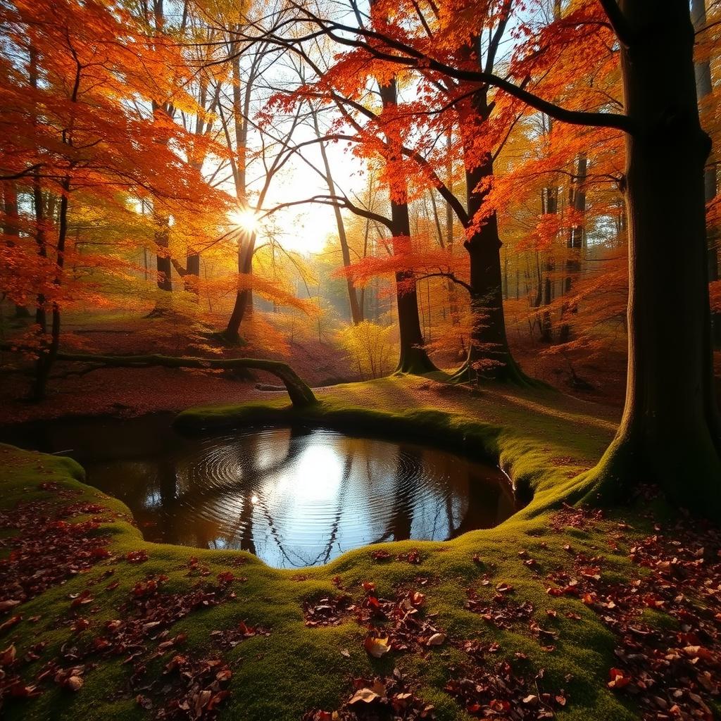 An enchanting forest scene during golden hour, with vibrant autumn leaves in hues of orange, red, and yellow