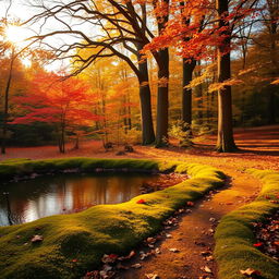 An enchanting forest scene during golden hour, with vibrant autumn leaves in hues of orange, red, and yellow
