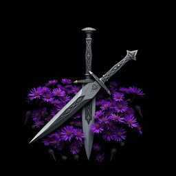 A striking cover design featuring a single, authentic ritual dagger intricately laid on a bed of vibrant purple aster flowers