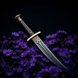 A striking cover design featuring a single, authentic ritual dagger intricately laid on a bed of vibrant purple aster flowers