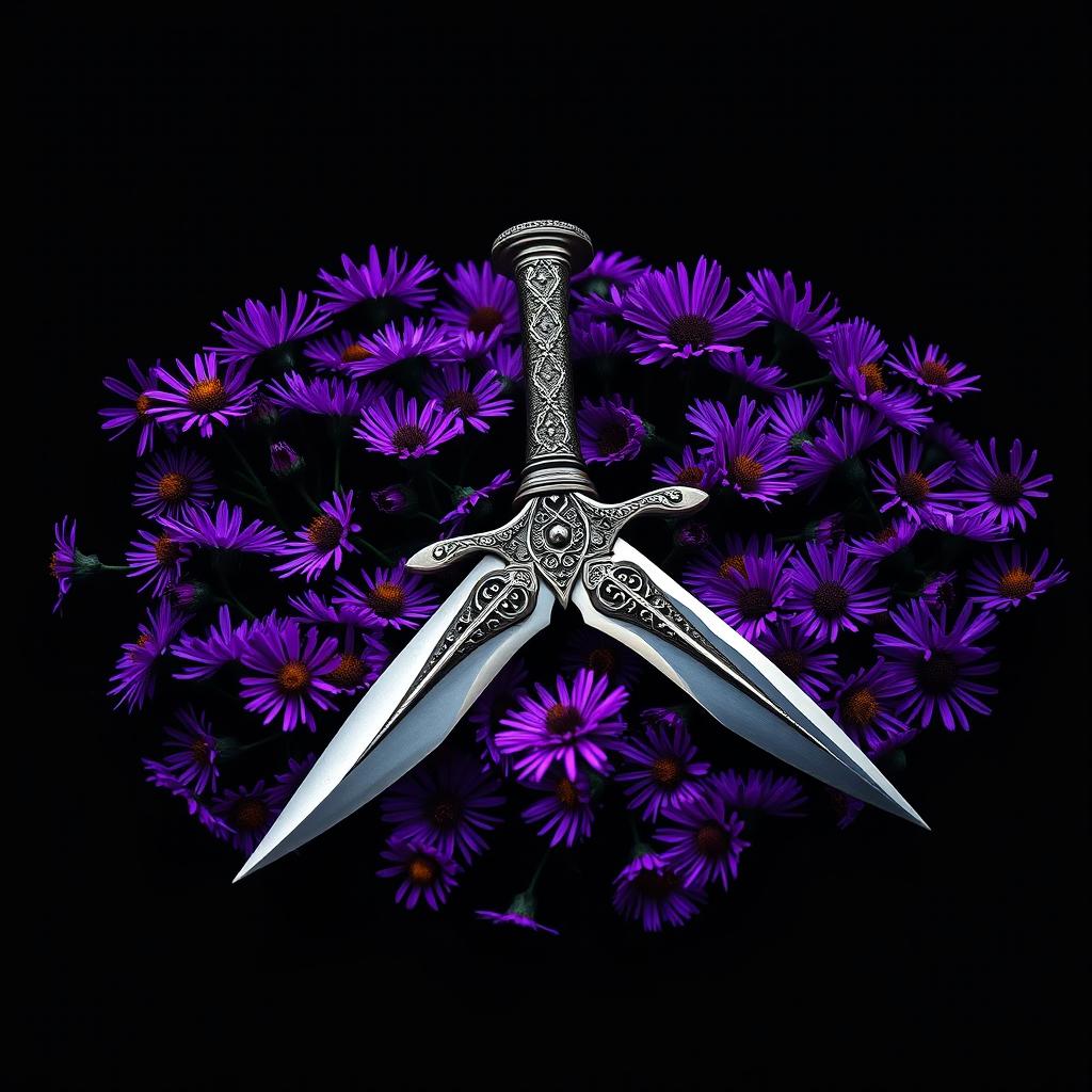 A striking cover design featuring a single, authentic ritual dagger intricately laid on a bed of vibrant purple aster flowers