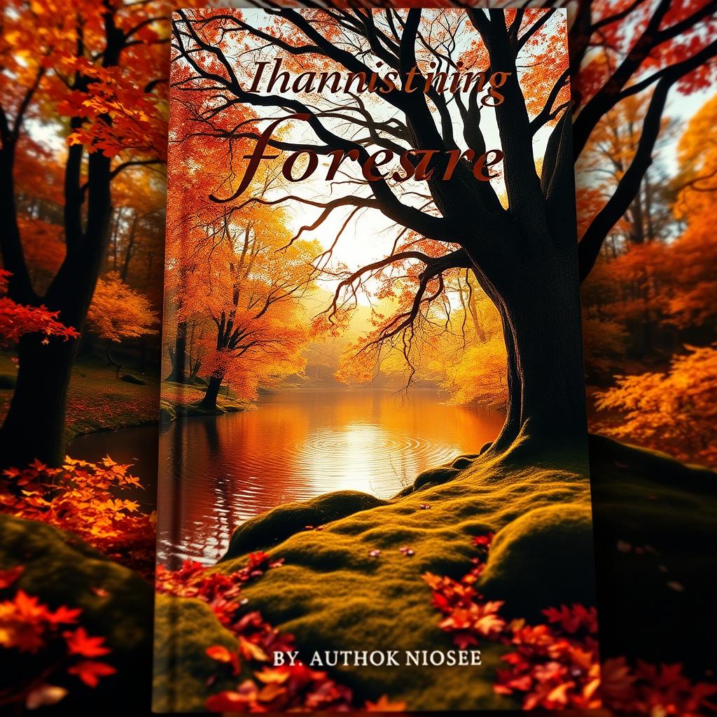 A captivating book cover design featuring an enchanting forest scene during golden hour