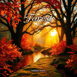 A captivating book cover design featuring an enchanting forest scene during golden hour