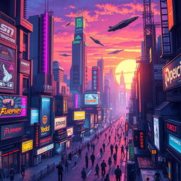 A vibrant cyberpunk cityscape featuring towering neon-lit skyscrapers, flying cars zipping through the sky, and bustling streets filled with people in futuristic outfits