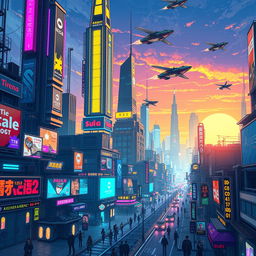 A vibrant cyberpunk cityscape featuring towering neon-lit skyscrapers, flying cars zipping through the sky, and bustling streets filled with people in futuristic outfits