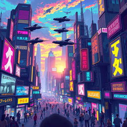 A vibrant cyberpunk cityscape featuring towering neon-lit skyscrapers, flying cars zipping through the sky, and bustling streets filled with people in futuristic outfits