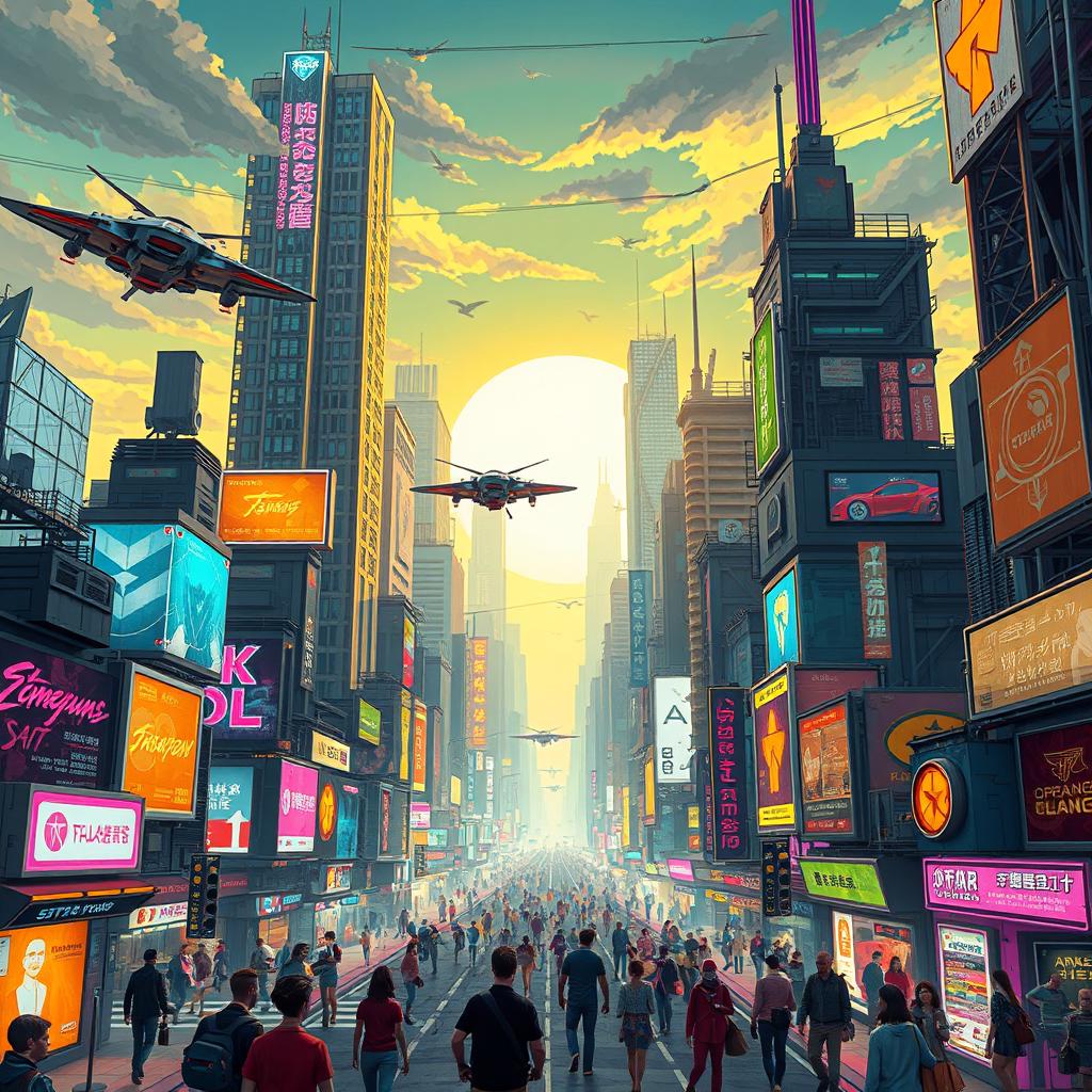 A vibrant cyberpunk cityscape featuring towering neon-lit skyscrapers, flying cars zipping through the sky, and bustling streets filled with people in futuristic outfits