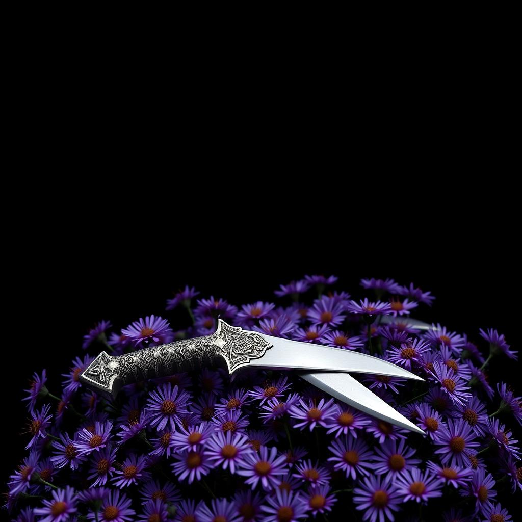 An elegant cover design showcasing a single, authentic ritual dagger meticulously laid on a bed of vibrant purple aster flowers
