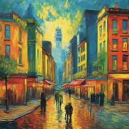 The same expressive and vibrant cityscape painting, only now expanded to depict a larger and more sprawling urban environment, still maintaining Vincent Van Gogh's signature style.