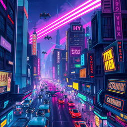 A vibrant cyberpunk cityscape illuminated by neon lights at night, showcasing a multitude of futuristic, flying cars zipping through the sky