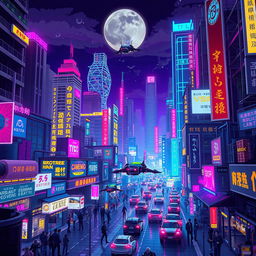 A vibrant cyberpunk cityscape illuminated by neon lights at night, showcasing a multitude of futuristic, flying cars zipping through the sky