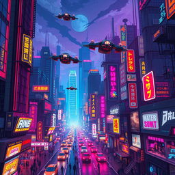 A vibrant cyberpunk cityscape illuminated by neon lights at night, showcasing a multitude of futuristic, flying cars zipping through the sky
