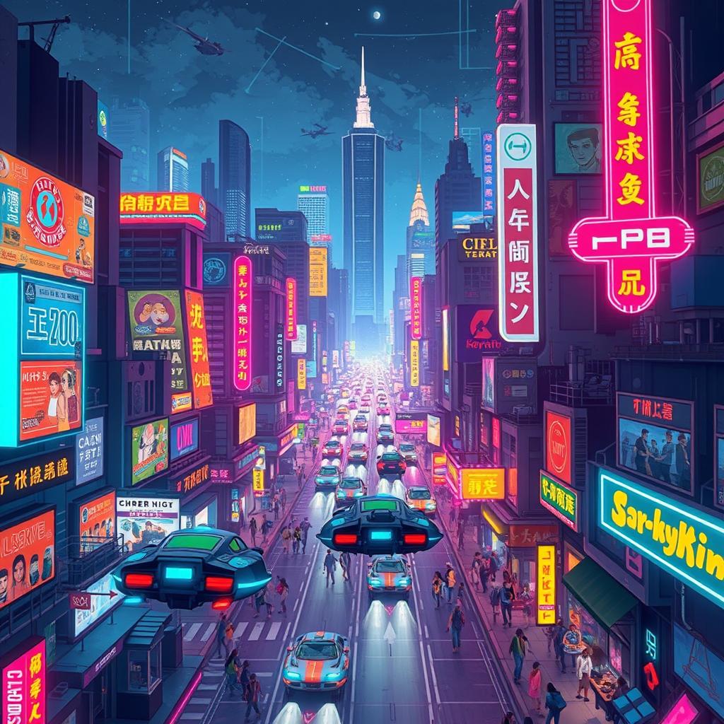 A vibrant cyberpunk cityscape illuminated by neon lights at night, showcasing a multitude of futuristic, flying cars zipping through the sky