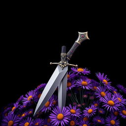 A visually captivating cover design featuring a single, authentic ritual dagger resting gracefully on a vibrant display of purple aster flowers