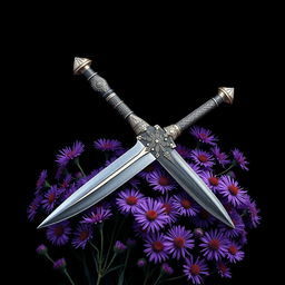 A visually captivating cover design featuring a single, authentic ritual dagger resting gracefully on a vibrant display of purple aster flowers