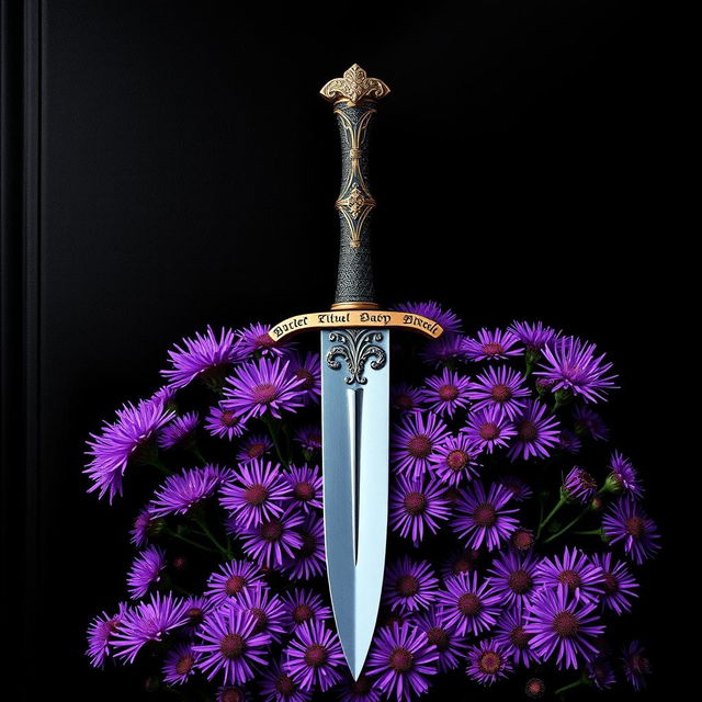 A visually captivating cover design featuring a single, authentic ritual dagger resting gracefully on a vibrant display of purple aster flowers