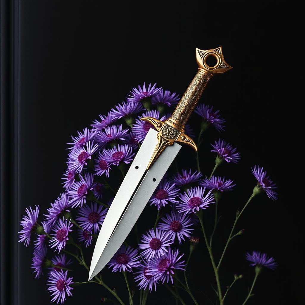 A visually captivating cover design featuring a single, authentic ritual dagger resting gracefully on a vibrant display of purple aster flowers