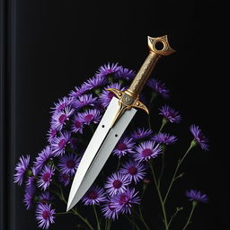 A visually captivating cover design featuring a single, authentic ritual dagger resting gracefully on a vibrant display of purple aster flowers