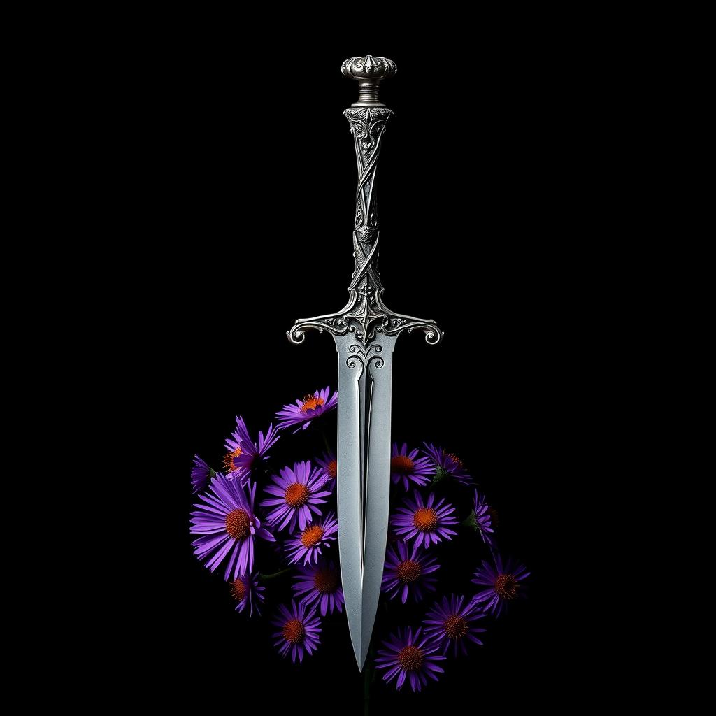 A captivating cover design that features a singular, authentic ritual dagger elegantly positioned on a cluster of vibrant purple aster flowers