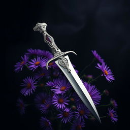 A captivating cover design that features a singular, authentic ritual dagger elegantly positioned on a cluster of vibrant purple aster flowers