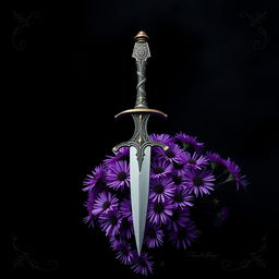 A captivating cover design that features a singular, authentic ritual dagger elegantly positioned on a cluster of vibrant purple aster flowers