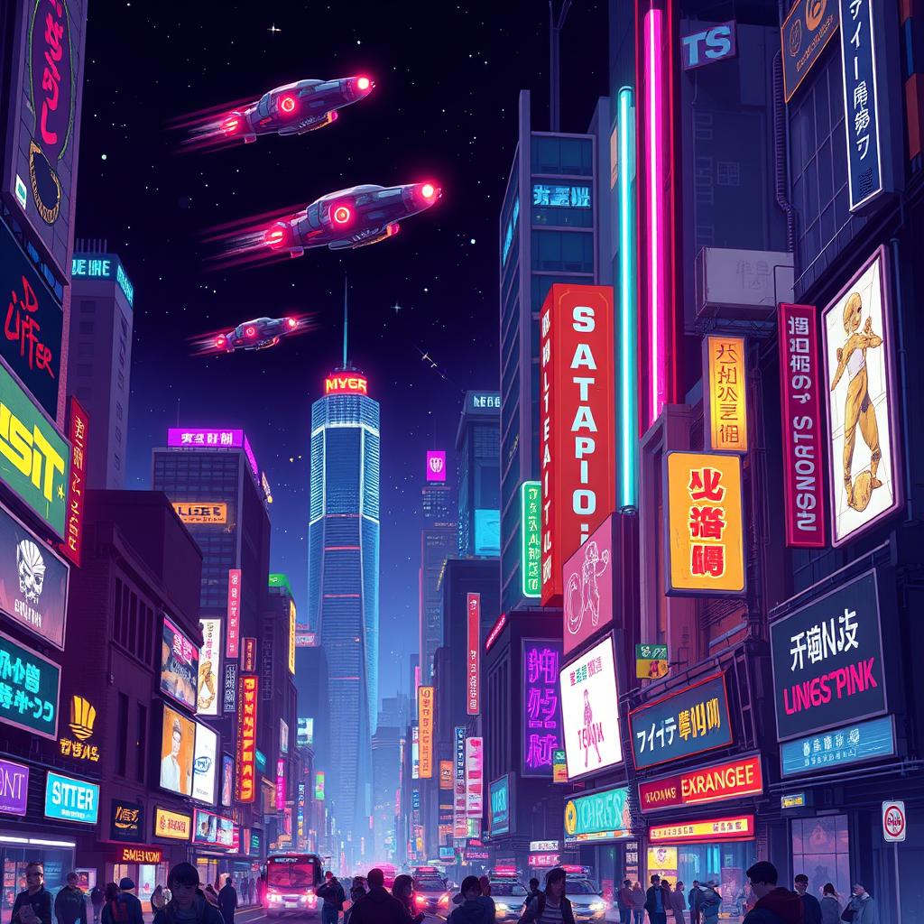 A vibrant Cyberpunk cityscape at night, filled with neon lights and towering skyscrapers