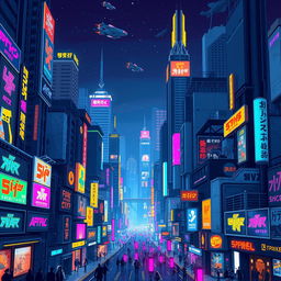 A vibrant Cyberpunk cityscape at night, filled with neon lights and towering skyscrapers